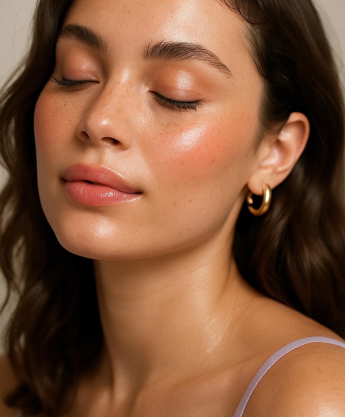 Woman with natural makeup and curly hair.
