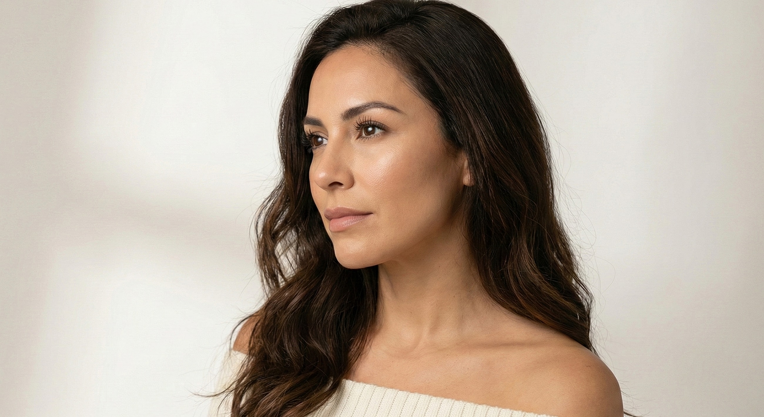 Profile of a woman with wavy hair.